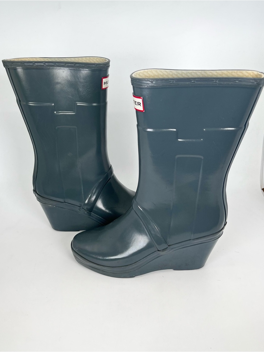 Hunter Kellen Wedge Rain Boots Mid Calf Gray Platform Heel - WOMENS 6
